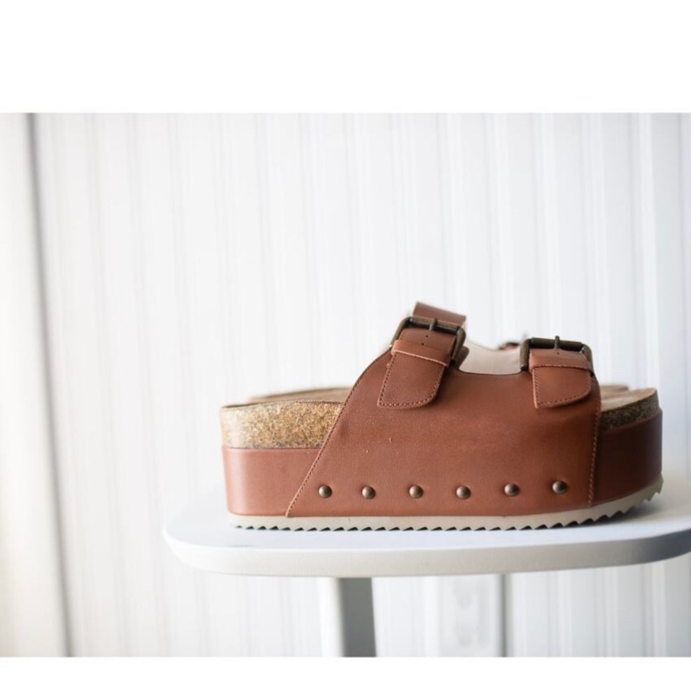 Free People Tan Leather Double Buckle Platform Slide Sandals